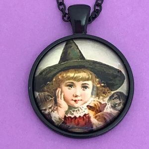 Vintage Little Witch and Cats Pendant Necklace